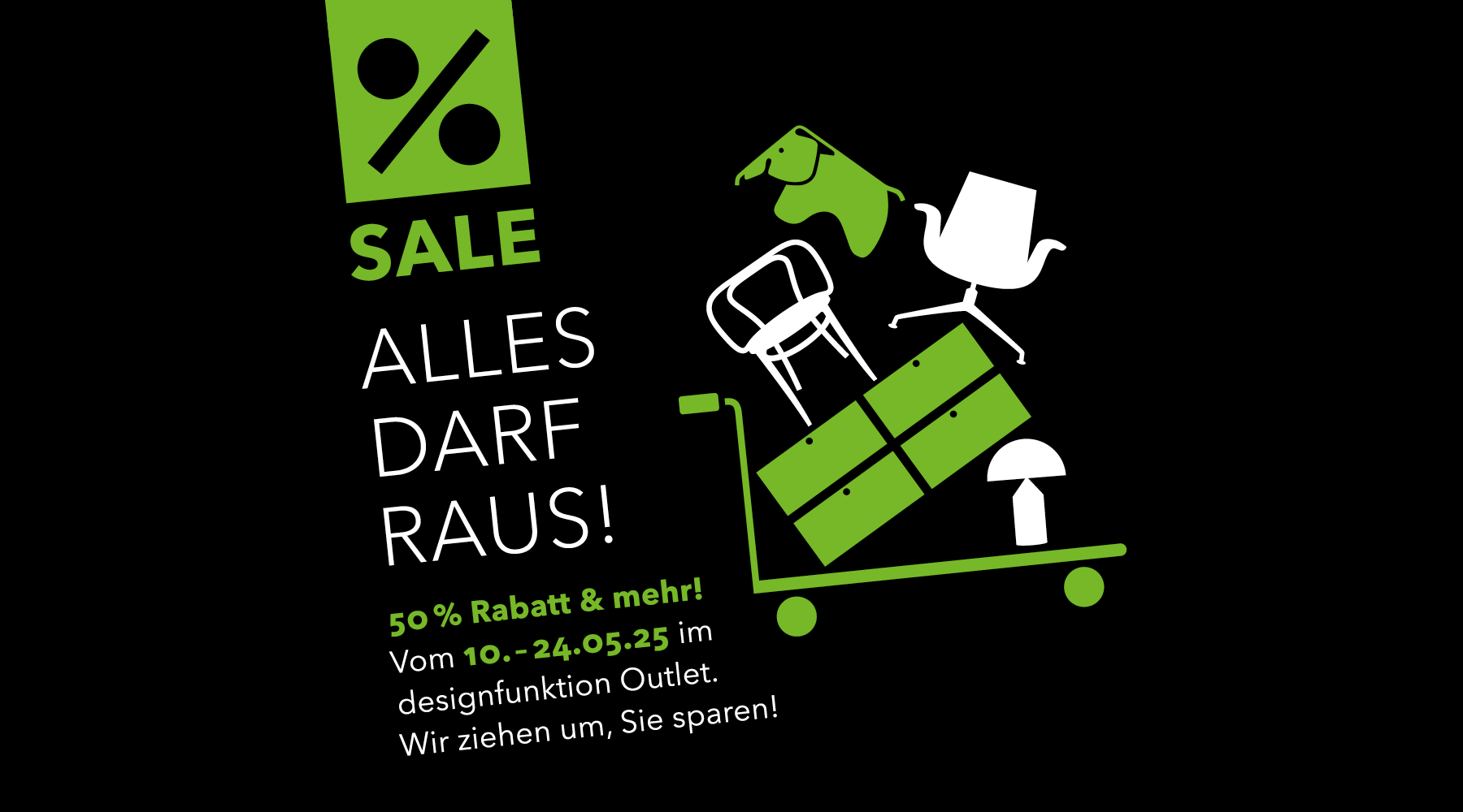 Umzugssale im designfunktion Outlet vom 10.05. bis zum 24.05.2025 mit 50% Rabatt und mehr auf Designermöbel