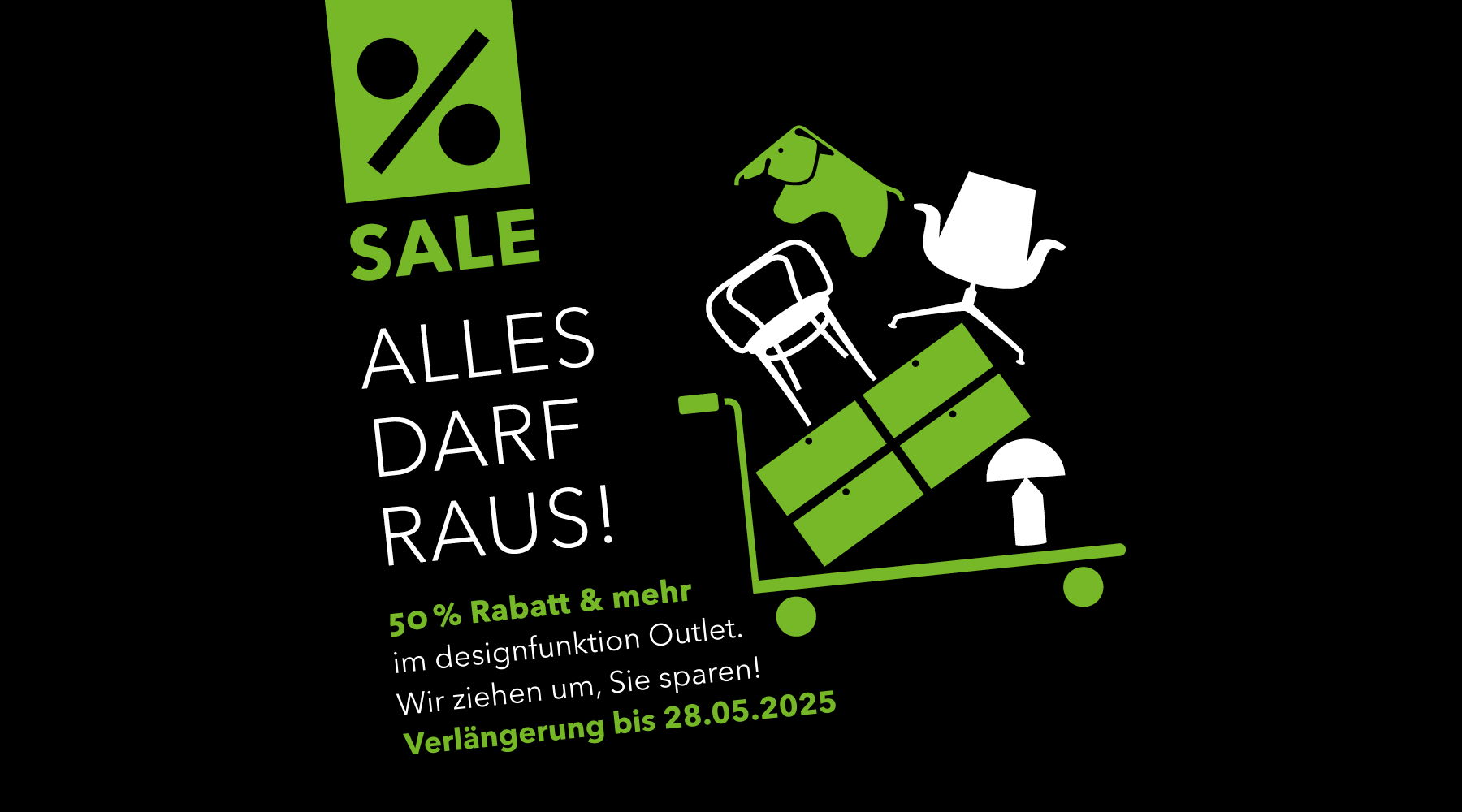 Umzugssale mit 50% Rabatt und mehr im designfunktion Outlet in Oberschleißheim vom 10. bis zum 28. Mai 2025