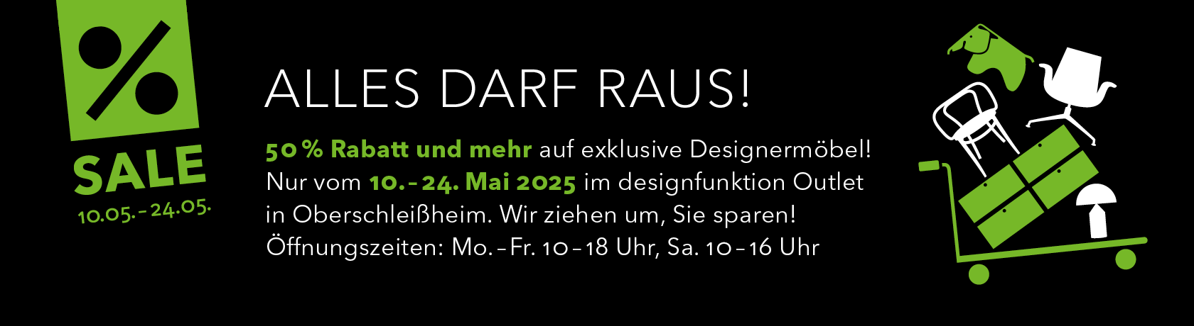 Umzugssale mit 50% Rabatt und mehr im designfunktion Outlet in Oberschleißheim vom 10. bis zum 24. Mai 2025