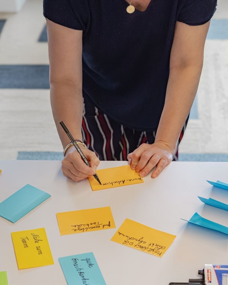 Teilnehmerin am Zielworkshop von designfunktion schreibt Ziele für die neue Arbeitswelt auf Post-Its