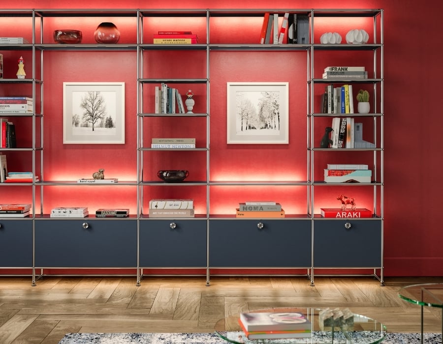 USM Haller Regal mit integrierten Licht- und Energiefunktionen aus der USM Haller E Kollektion