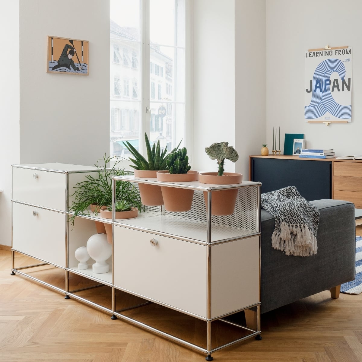 USM Haller Sideboard mit Pflanzen hinter Sofa