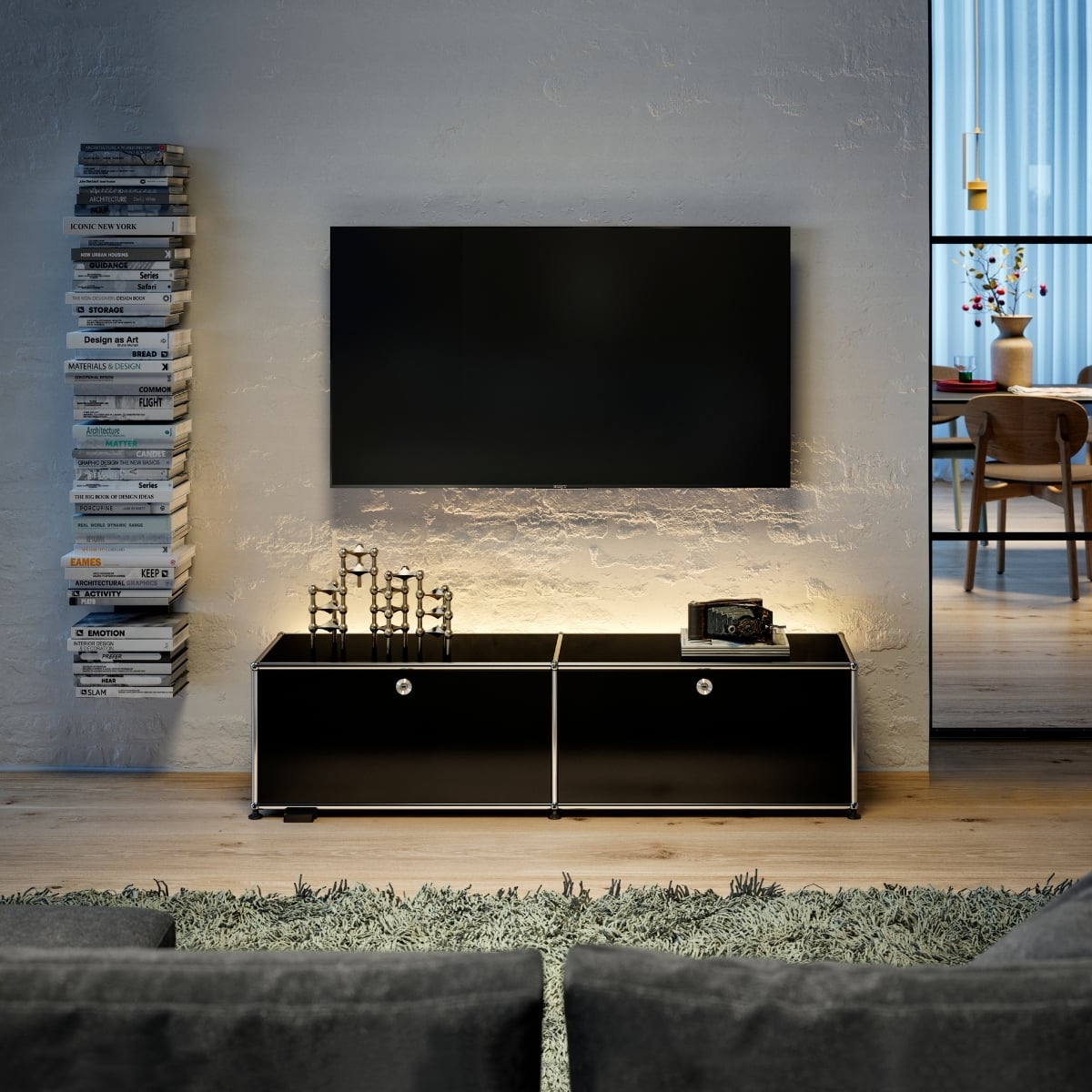 Sideboard unter großem Wandbildschirm auf Basis von USM Haller