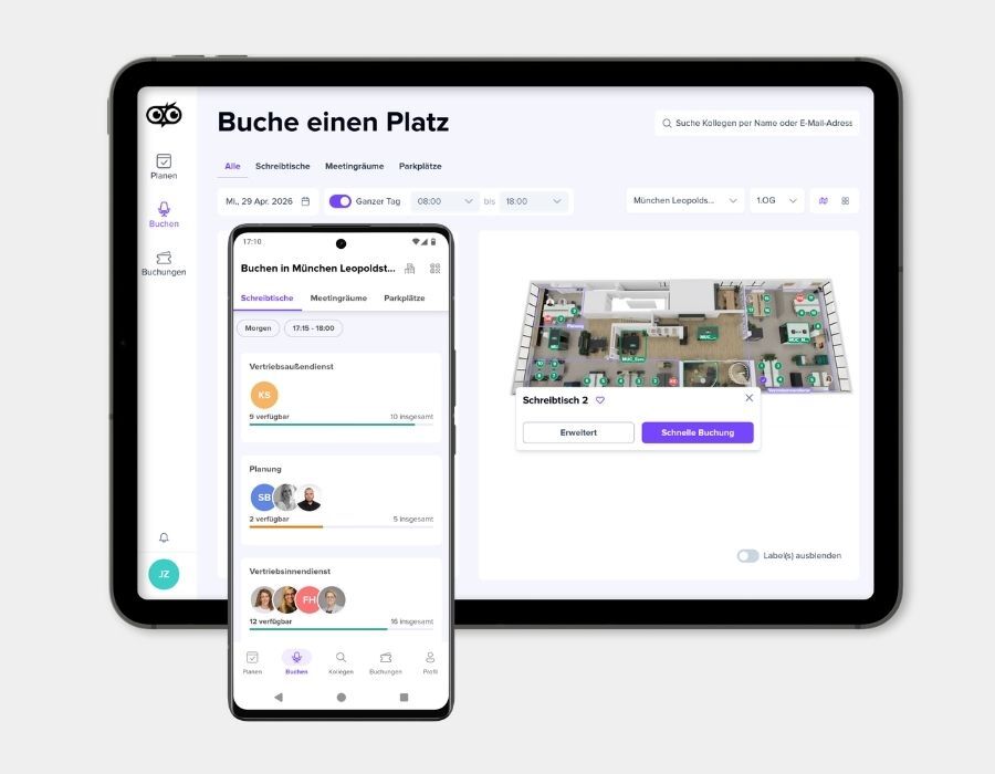 Workplace Management System von deskbird auf Tablet und Smartphone