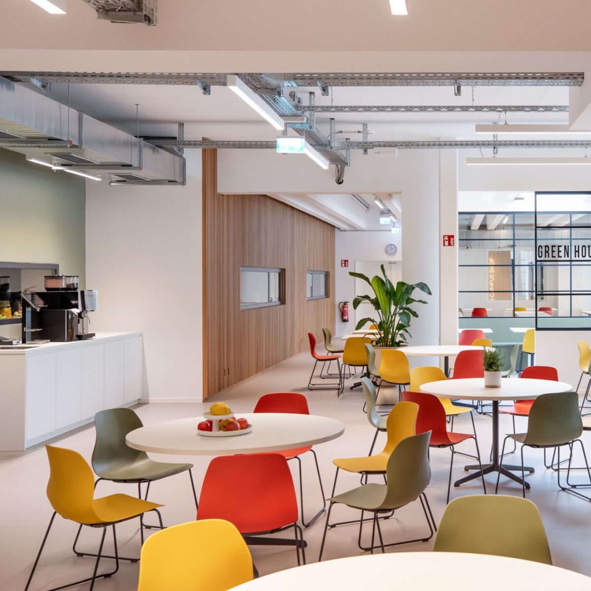 Küche und Sitzgelegenheiten in der Cafeteria der Frankfurt International School, geplant und eingerichtet von designfunktion