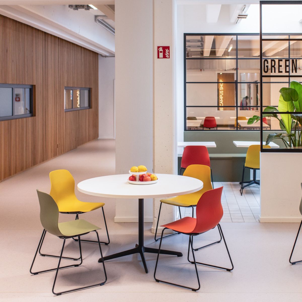 Blick in die Cafeteria der Frankfurt International School, geplant und eingerichtet von designfunktion