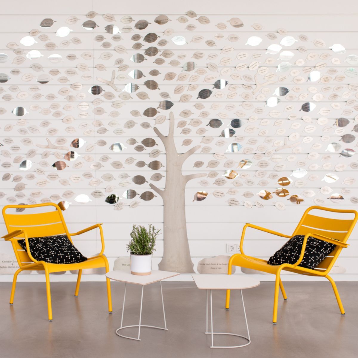 Sitzmöbel vor halbtransparentem Fensterbild in der Cafeteria der Frankfurt International School, geplant und eingerichtet von designfunktion