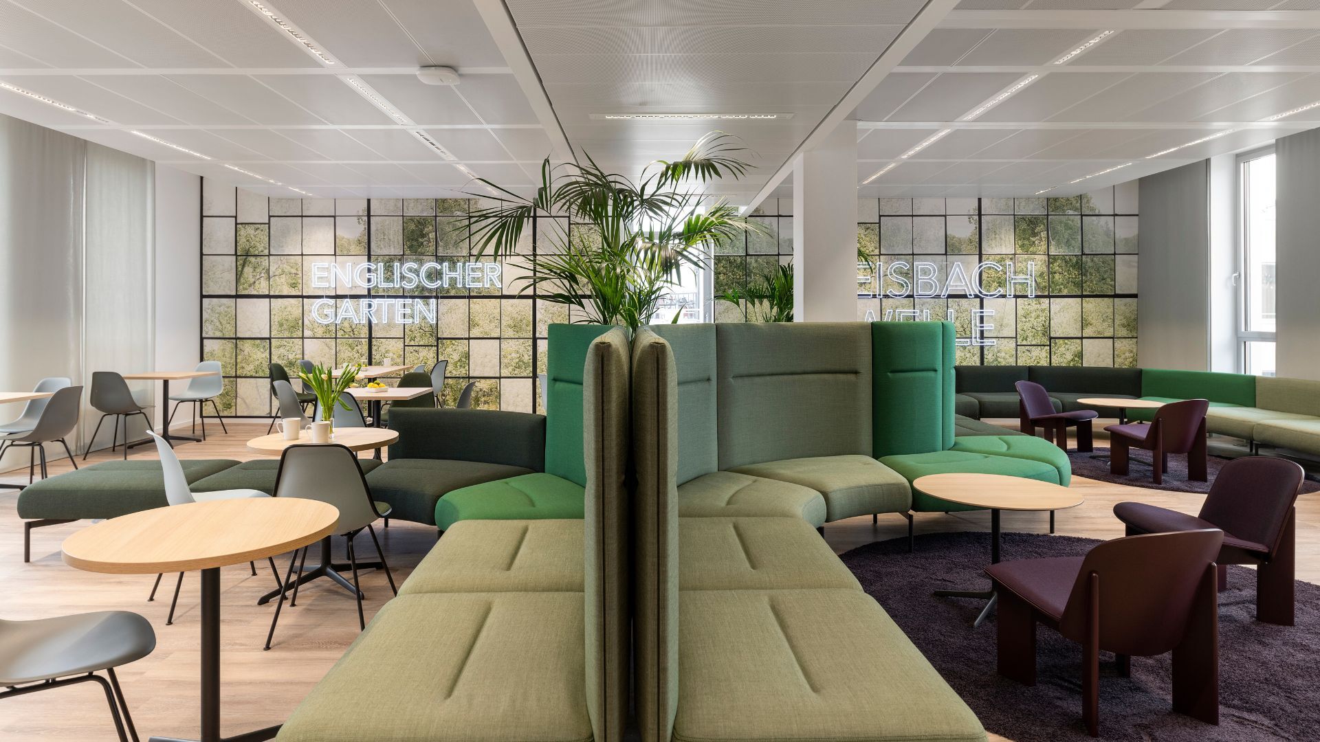 Blick in den großzügigen Gemeinschaftsbereich der Arbeitswelt der Haleon Germany GmbH, geplant und eingerichtet von designfunktion