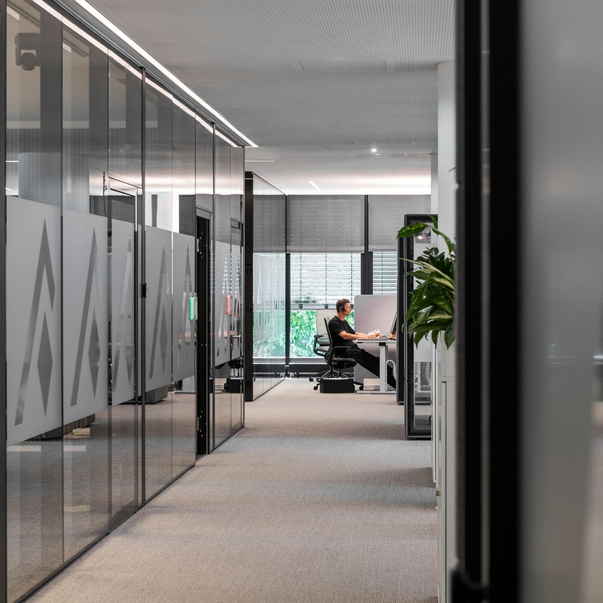 Blick in die neue Arbeitswelt der Immobilien Freistaat Bayern mit Mitarbeiter an Einzelarbeitsplatz, Beratung und Planung designfunktion München