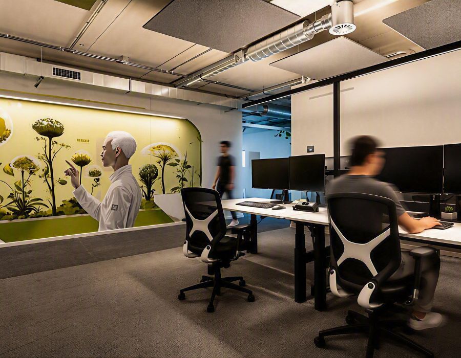 Arbeitsplatz mit Menschen in der neuen Arbeitswelt der Lise GmbH, gestaltet von designfunktion
