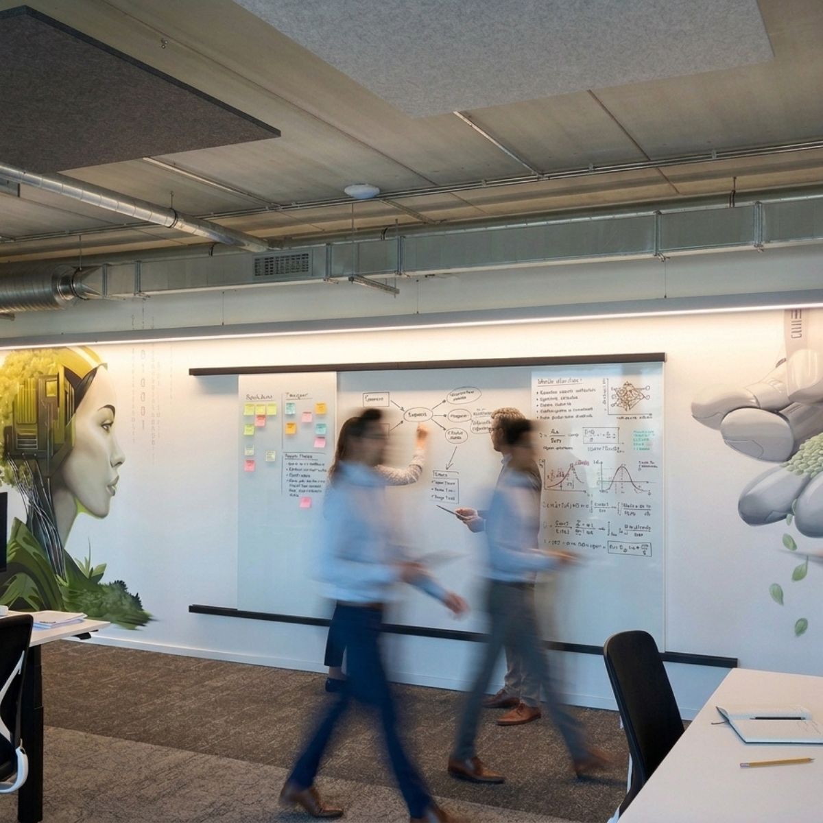 Personen laufen durch die neue Arbeitswelt der Lise GmbH, gestaltet von designfunktion