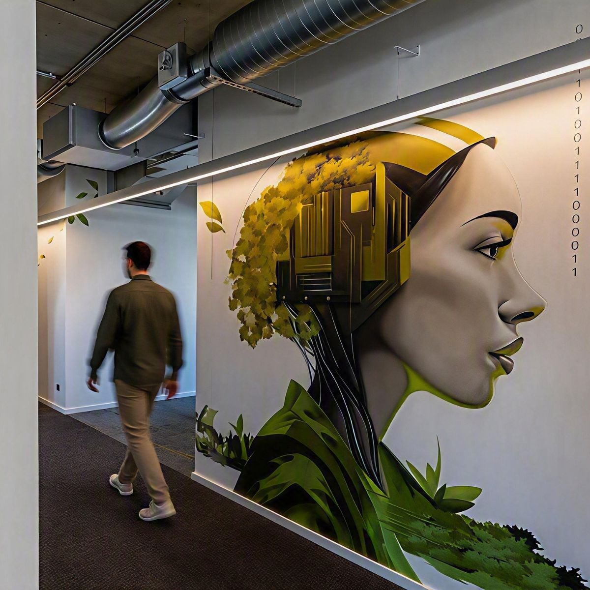 Graffiti von einer Frau mit Natursymbolen in der neuen Arbeitswelt der Lise GmbH, gestaltet von designfunktion
