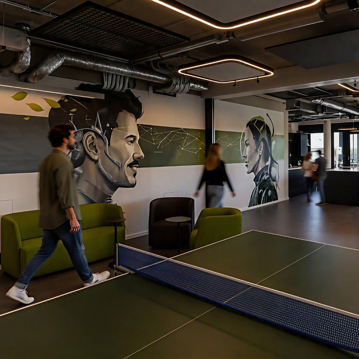 Offene Flaeche mit Tischtennisplatte im Buero der Lise GmbH, gestaltet von designfunktion