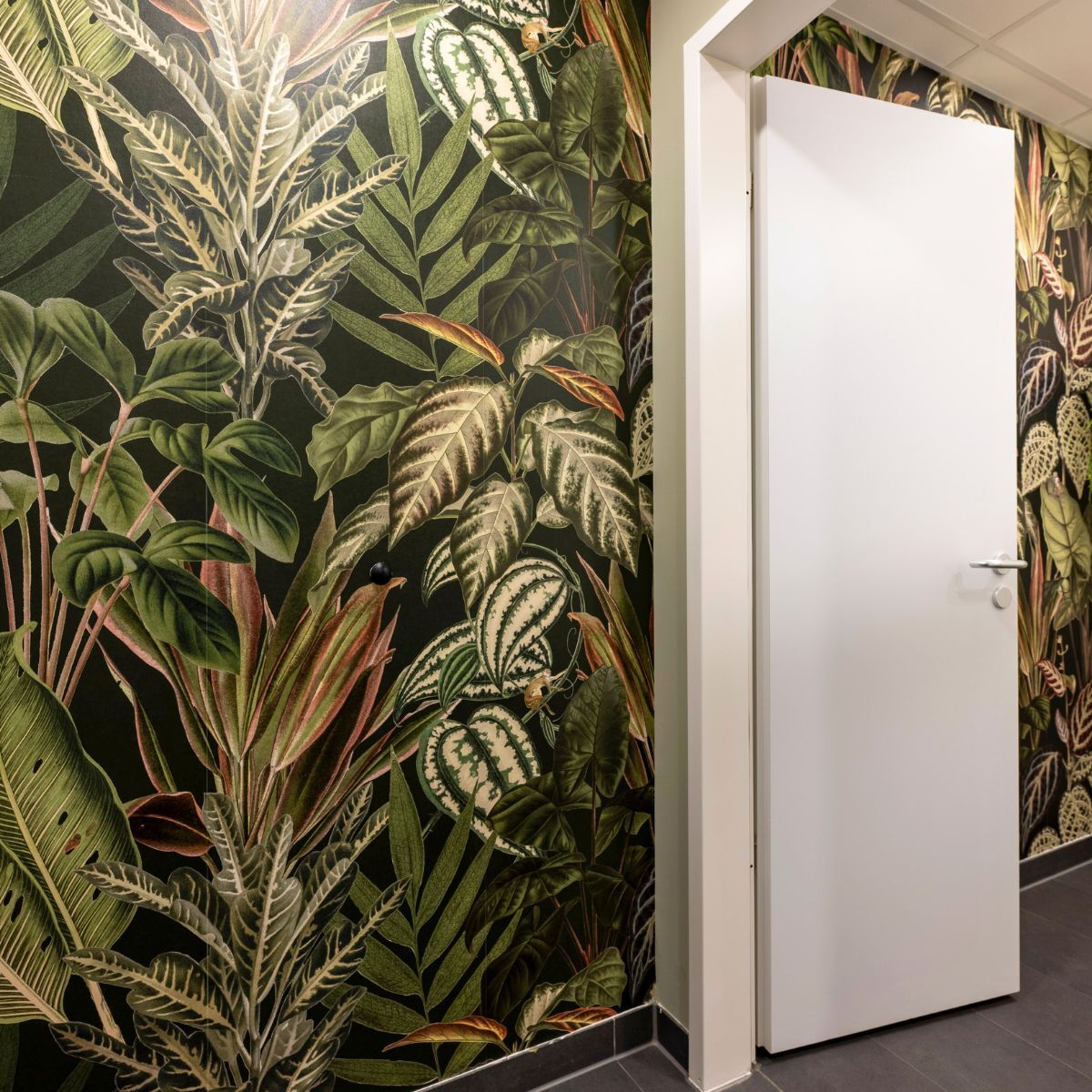 florale Tapete im Sanitärbereich des Headquarters von Proxima Fusion, konzipiert und eingerichtet von designfunktion