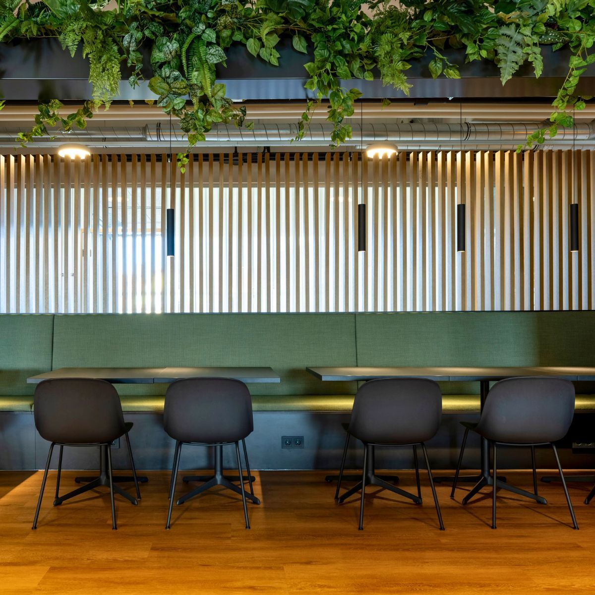 langer Tisch mit Sitzbank und Stühlen in einem Mitarbeiter Café im Headquarter von Proxima Fusion, konzipiert und eingerichtet von designfunktion