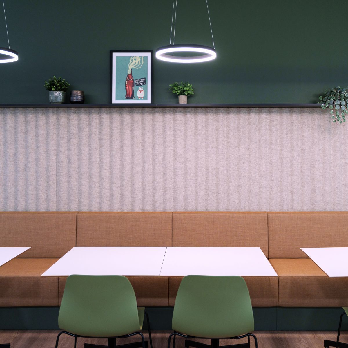 Tische und Stühle im Gemeinschaftsbereich der neuen Arbeitswelt von Virtimo, geplant und eingerichtet von designfunktion